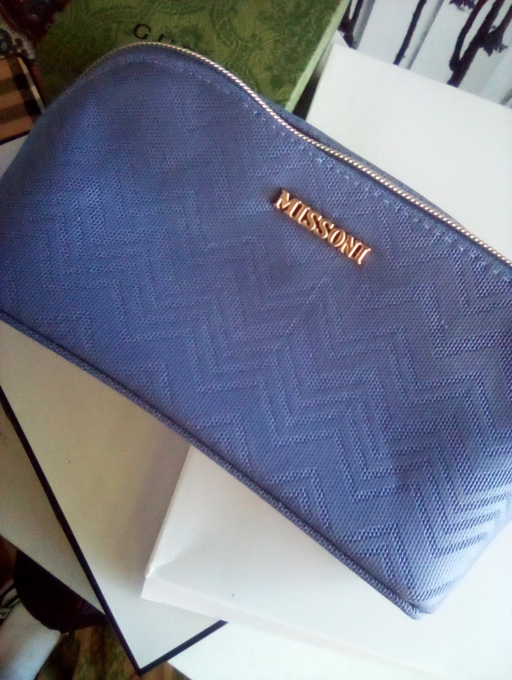 Missoni Chevron Textured Blue Top Zip Cosmetic Pouch